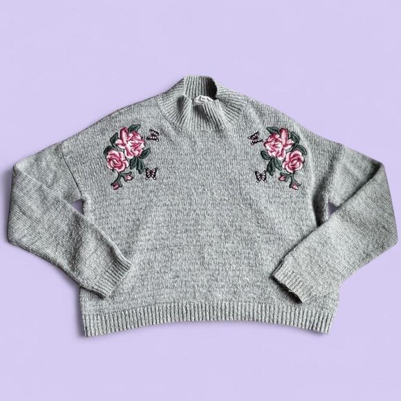 Cloud Chaser Grey Knit Sweater with Floral & Butterfly Embroidery – Size Large - Picture 2 of 6